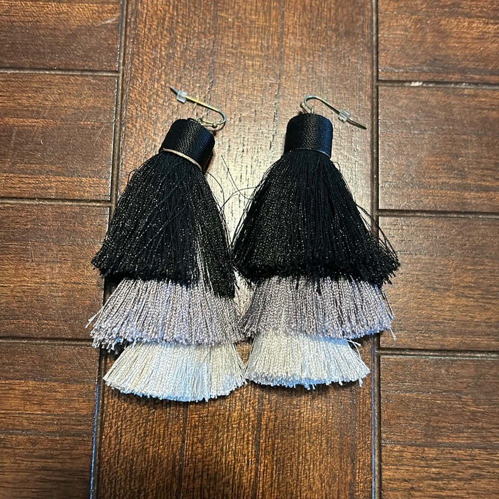 Black gray and white puff earrings